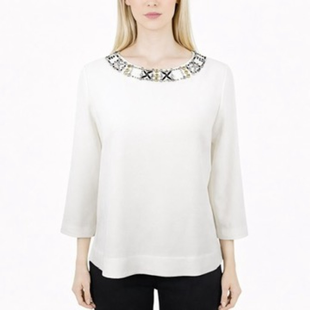 Karl Lagerfeld Ivory Textured Blouse Jeweled Neck Embellished Beaded Chic Size M